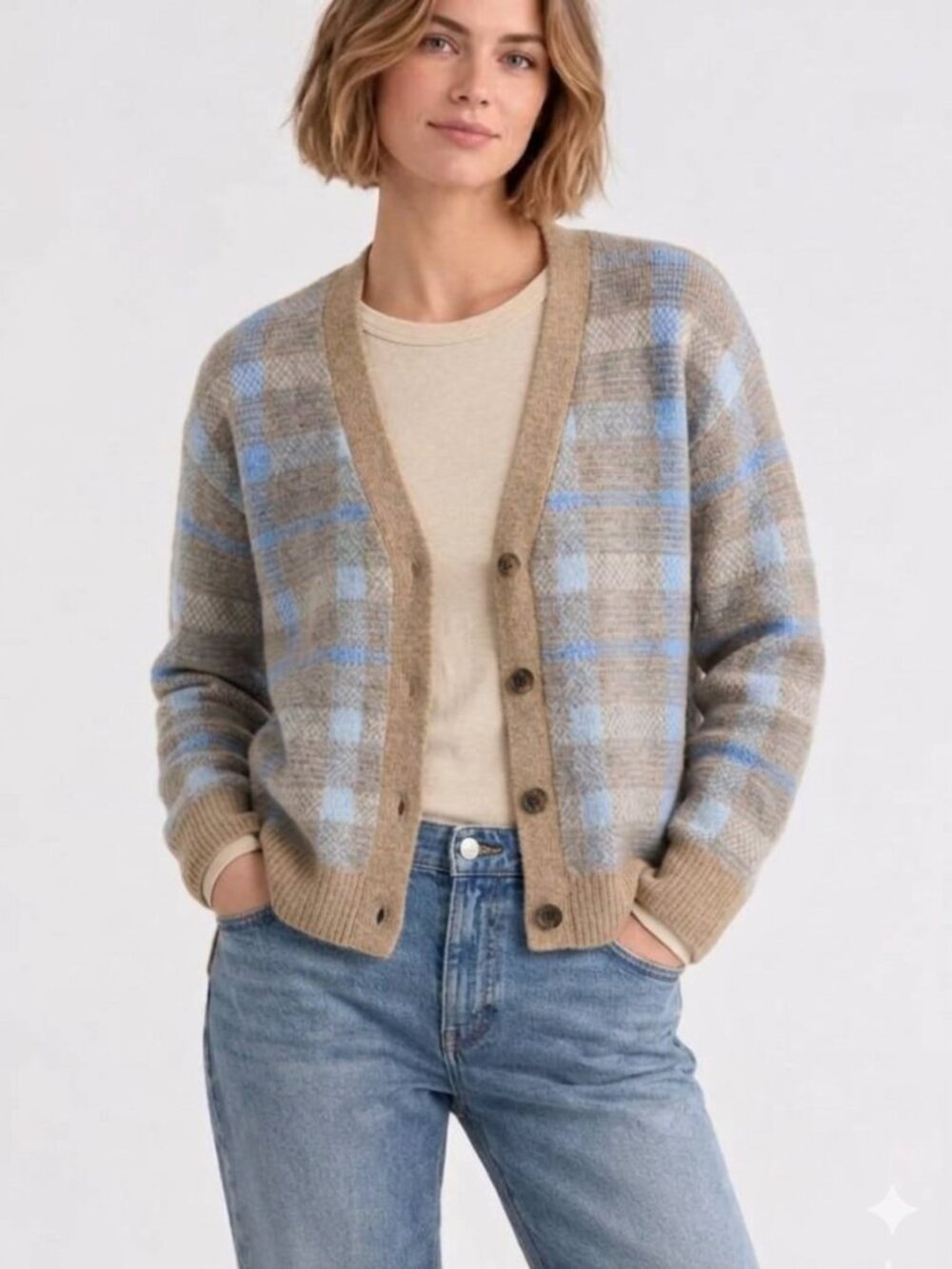 Madewell Women's Plaid Soft Alpaca/Wool Blend Cardigan Size XL Beige/Blue